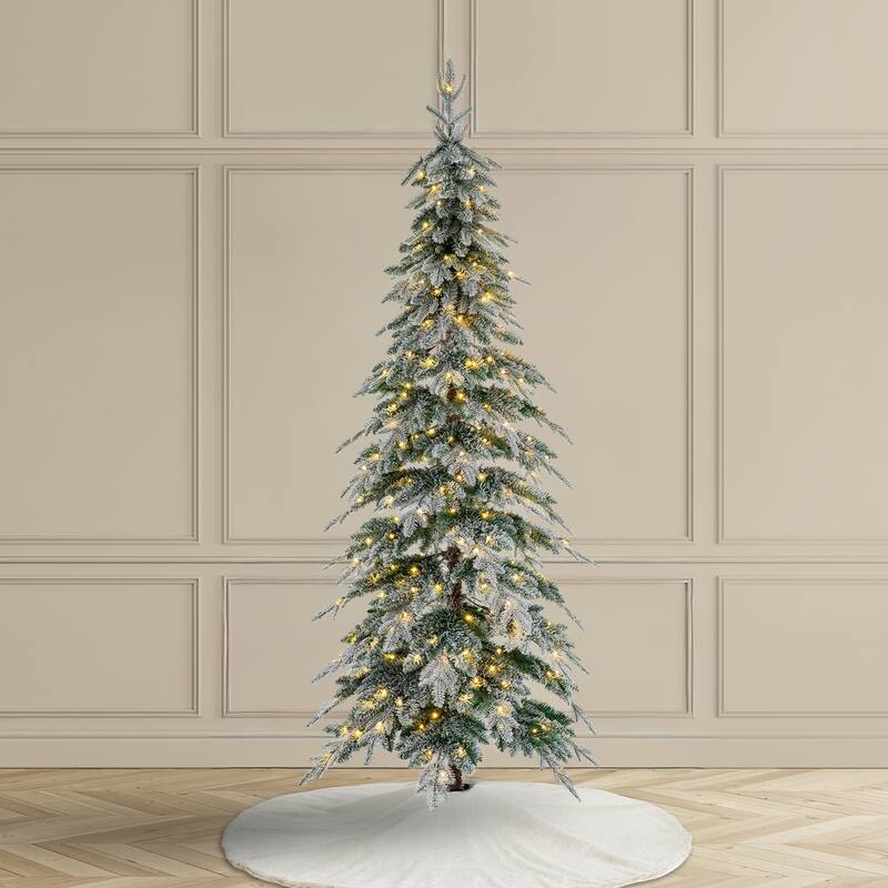 Glitzhome Pre-Lit Flocked Pencil Spruce Artificial Christmas Tree with Warm White Lights