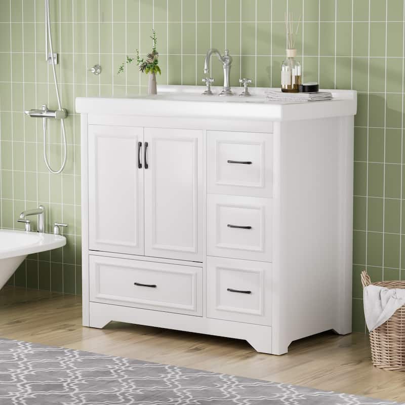 Freestanding 36" Bathroom Vanity with Single Undermount Sink, White Finish, 2 Doors & 4 Drawers, Spacious Storage - 35.8in L Particle Board+MDF - 35.8in L White