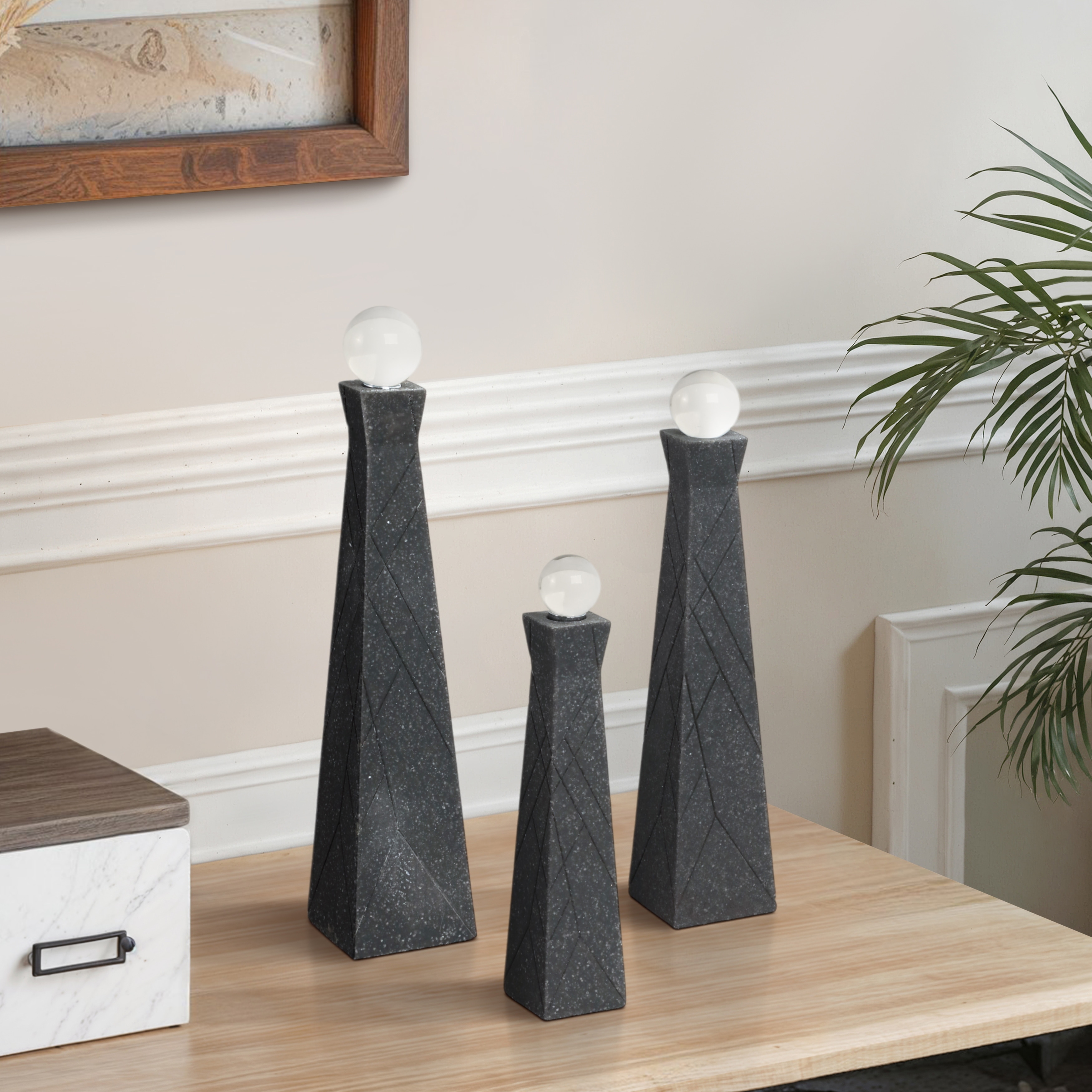 Resin Glass Obelisk Decorative Objects (Set of 3) - 14/12/10" Black - 3" x 3" x 14"