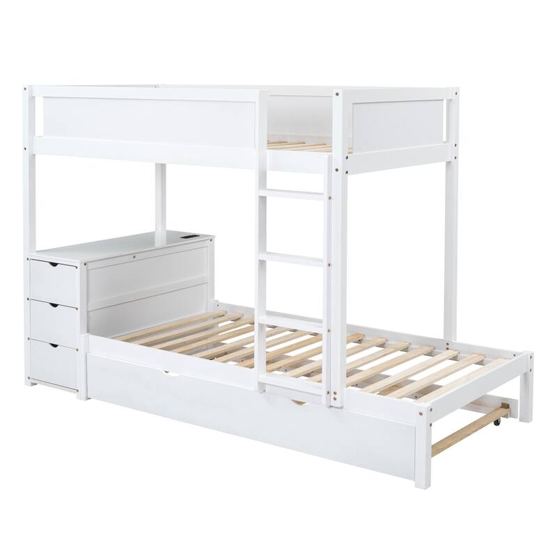 Twin-Over-Twin Bunk Bed with Trundle, Storage, Desk, USB Ports, White