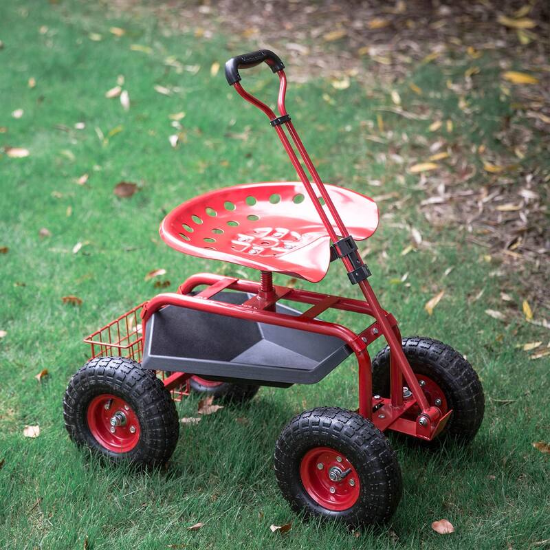 Kinbor Garden Cart Seat with Wheels, Rolling Garden Scooter with 360°Swivel Seat Extendable Steer Handle & Storage Basket - Red
