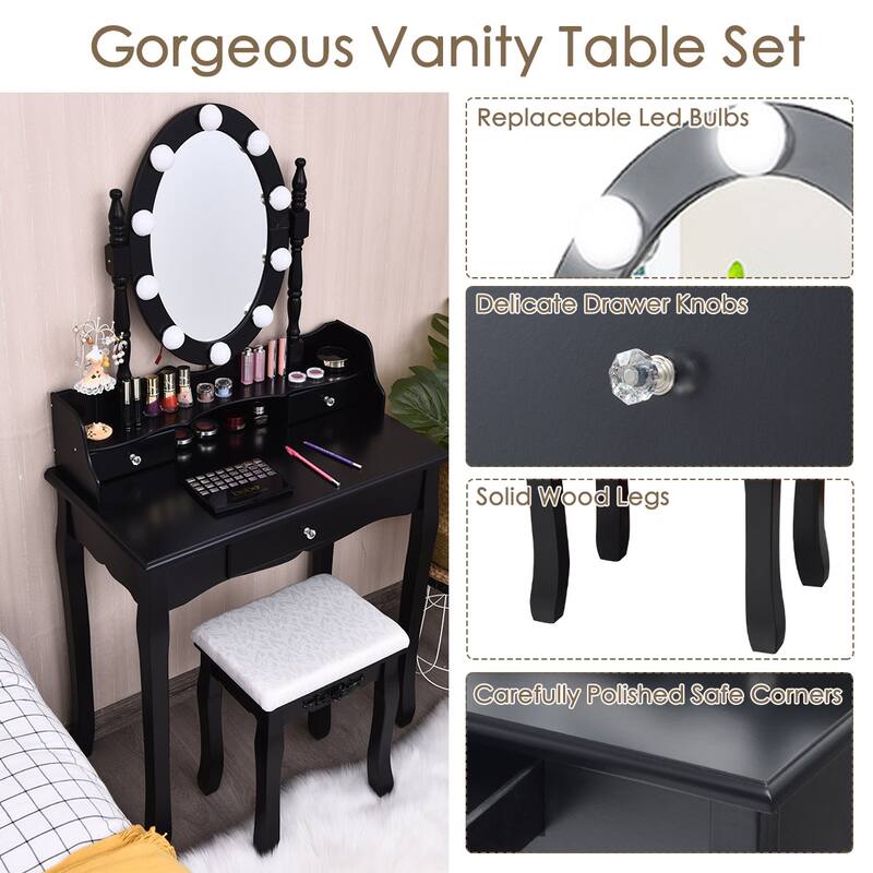 Costway Makeup Vanity Dressing Table 10 Dimmable Bulbs WhiteBlackBrown