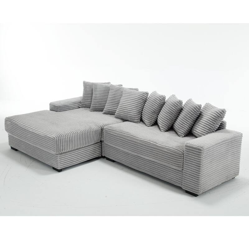 111" Corduroy L-Shape Sectional Sofa with Left Chaise, 8 Throw Pillows and Square Armrests