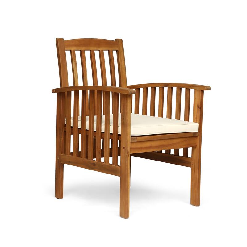 Gerry Dining Chair, Traditional Slat Design Brown Acacia Wood, Beige Fabric