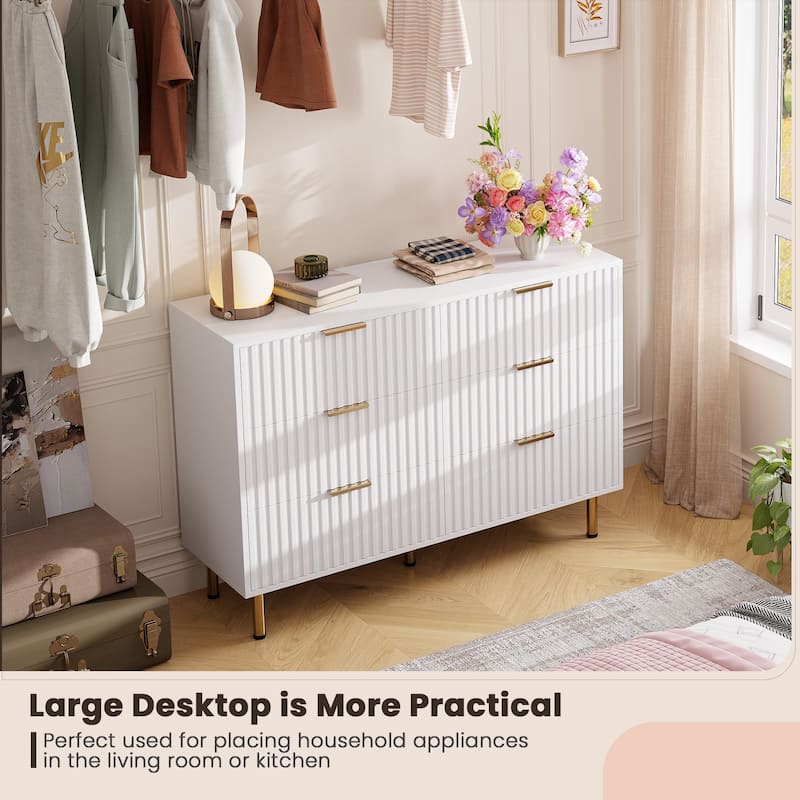 6 Drawer Fluted Dresser for Bedroom, Wide Modern Chest of Drawers, Long Double Dresser