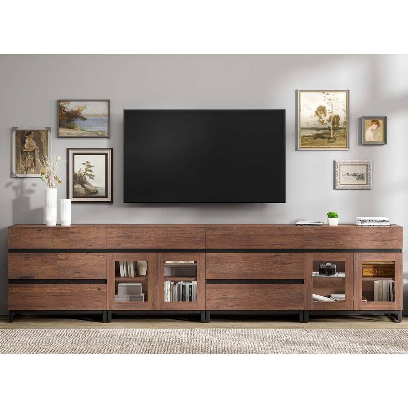Modern 4 in 1 TV Stand for 120" TVs, Console with Glass Doors & 8 Drawers, Entertainment Center