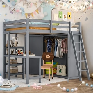 Full Size Loft Bed With Wardrobe and Desk and Shelves for Home