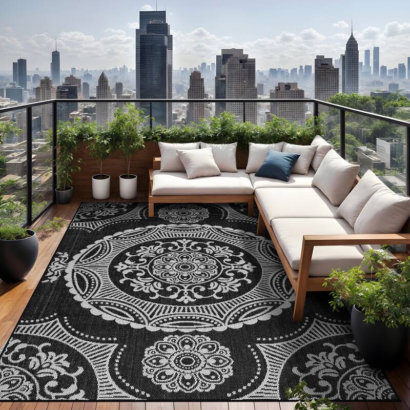 Beverly Rug Blue Medallion Indoor Outdoor Rug, Outside Carpet for Patio, Deck, Porch