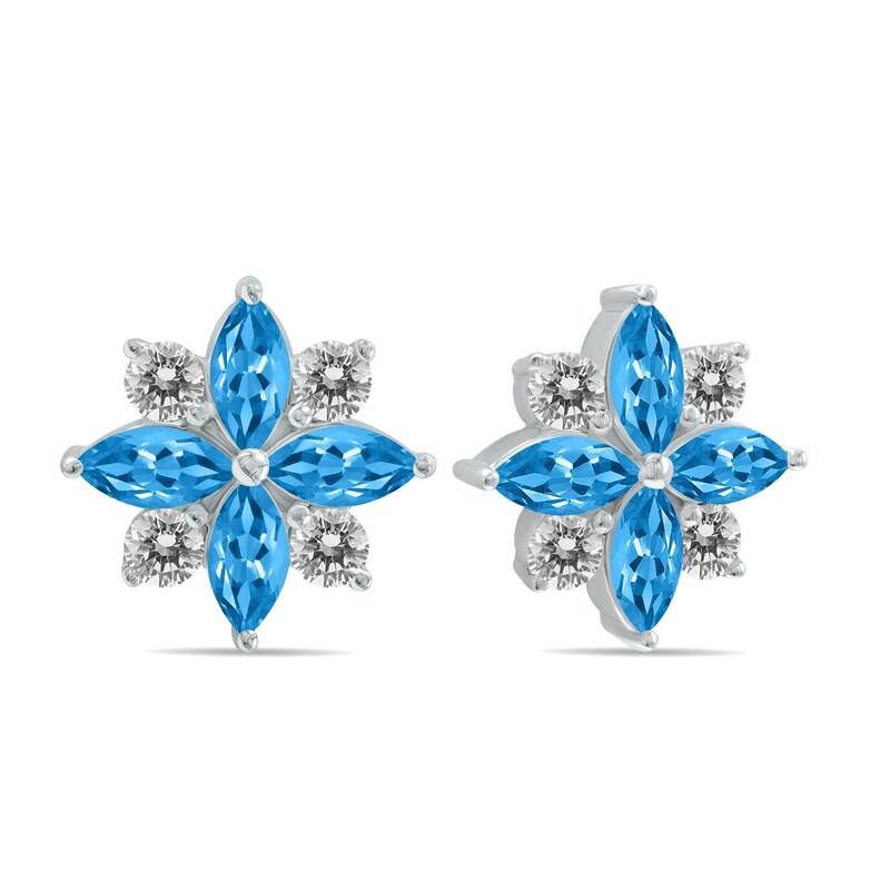 Marquee 1 Carat TW Blue Topaz and Diamond Flower Earrings in 10K White Gold