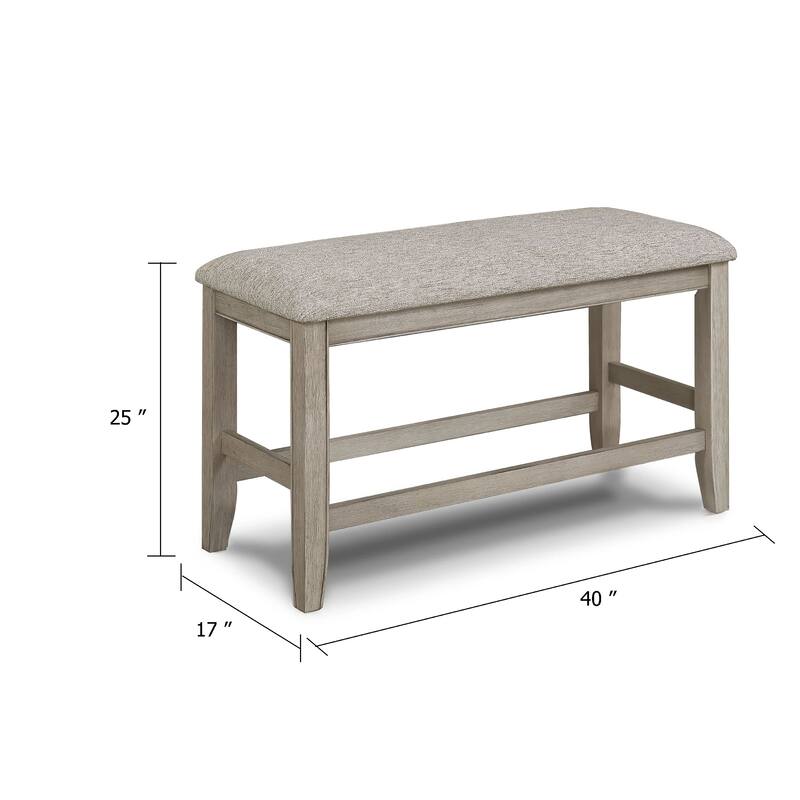 Filu Counter Height Dining Bench, 40 Inch White Oak Wood, Light Gray
