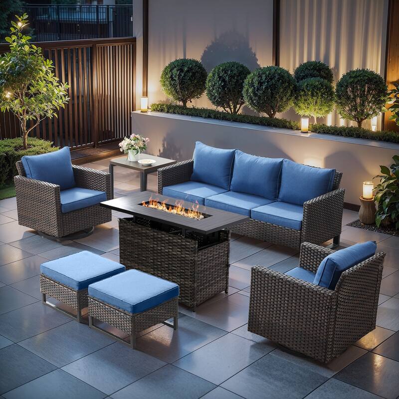 Outdoor Grey Wicker Fire Pit Table with Patio Funiture Sets - Blue Cushion - Brown Wicker Sofa Set w/ Grey Wicker Fire Table