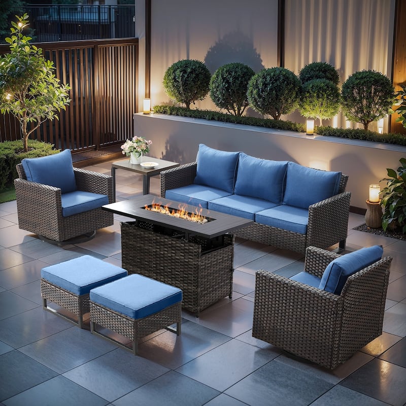Outdoor Grey Wicker Fire Pit Table with Sofa Swivel Chairs Ottoman - Blue Cushion - Brown Wicker Sofa Set w/ Grey Wicker Fire Table