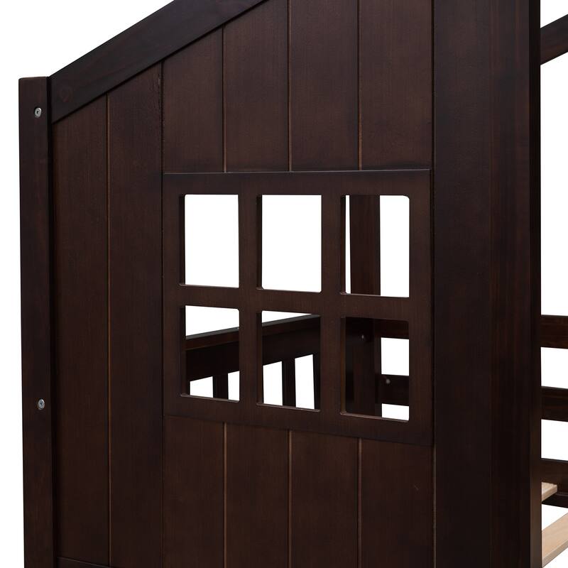 Low Bunk Bed Twin Over Twin Bed Frame with House-shaped Bed Roof, Windows, Headboards, Footboards, Ladder and Safety Guardrails