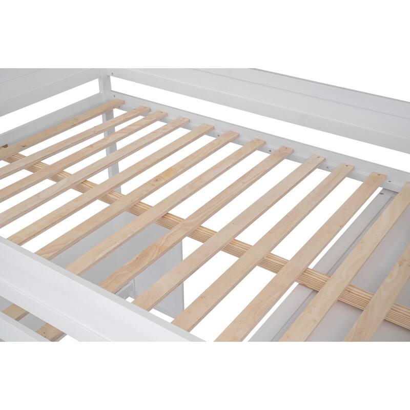 Full Size Loft Bed with Sliding Doors Wardrobe with All-in-One Drawers Desk, Wood Loft Bed with Ladder and Guardrail - White