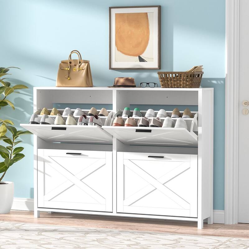 Anmytek 24 Pair Shoe Cabinet with 4 Flip Drawers - Space-Saving Entryway Storage