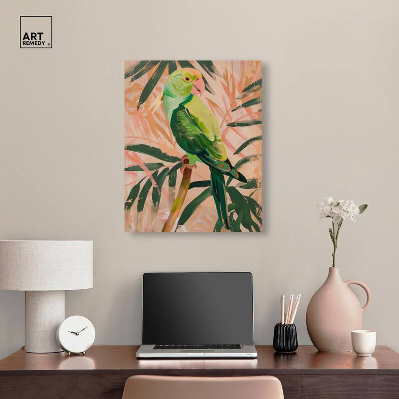 Coral and Green Parrot Canvas by Art Remedy, Gallery Wrapped