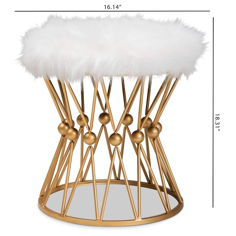 Leonie Glam and Luxe White Faux Upholstered Gold Finished Metal Ottoman - 18.31"H x 16.14"W x 16.14"D