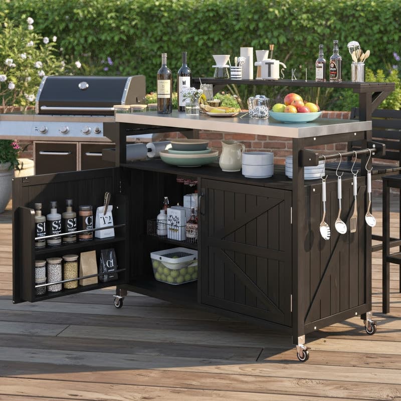 Outdoor Kitchen Island, Solid Wood Storage Cabinet with Stainless Steel Top and Lockable Wheels