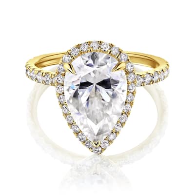 Kobelli Signature Collection 4 Carat Moissanite & Diamond 14k Solid Gold Pear Halo Near Eternity Paige Ring