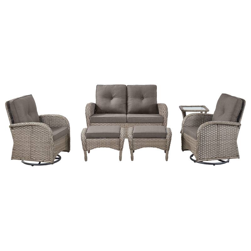 Pocassy 6 Pieces Glider Sofa with Swivel Chairs Ottomans Table