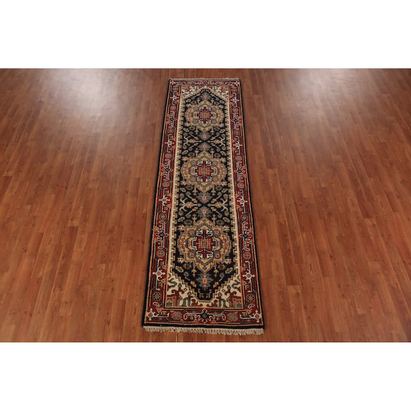 Dark Navy Blue Heriz Serapi Indian Runner Rug Handmade Wool Carpet - 2'3"x 8'3"