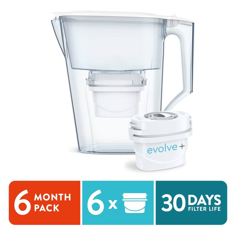 Aqua Optima Water Filter Pitcher Value Pack with 6 Evolve+ Filter, Liscia Design, White - 40 Gallon