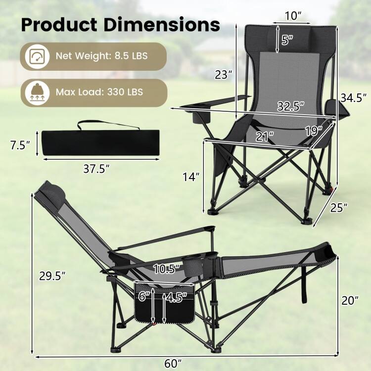 Grey Oxford Mesh Metal Reclining Camping Chair with Footrest and Cup