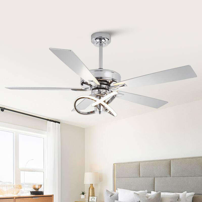 52" Chrome Modern Plywood 5-Blade Ceiling Fan with LED Light and Remote - 52 in. D x 52 in. W x 15.25 in. H