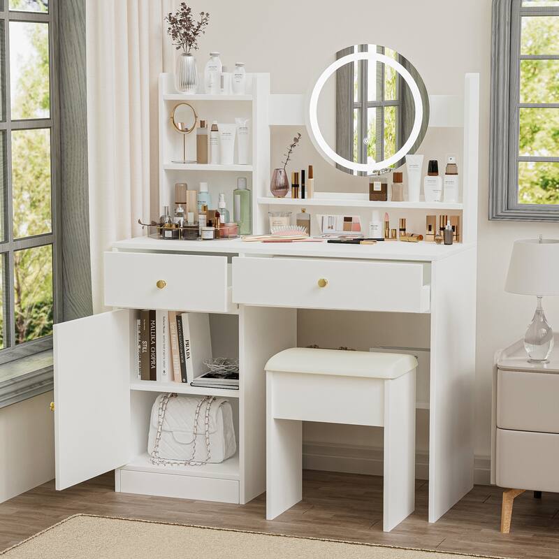 Bedroom Makeup Vanity Desk with Touch LED Light Mirror, Dressing Table with Upholstered Vanity Stool, White