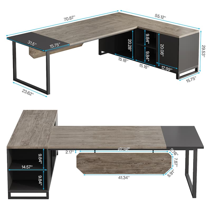 70.8-Inch Executive Desk with 55-Inch File Cabinet, Large L Shaped Computer Desk with Storage Cabinet and Shelves