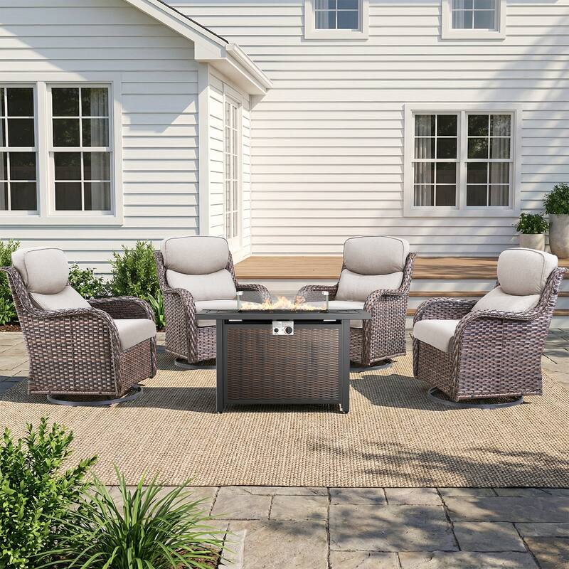 Pocassy 43" Fire Pit Table with Outdoor Swivel Chair Set - Brown Wicker Beige Cushion - 5-Piece Swivel Chair w/ Fie Pit Table