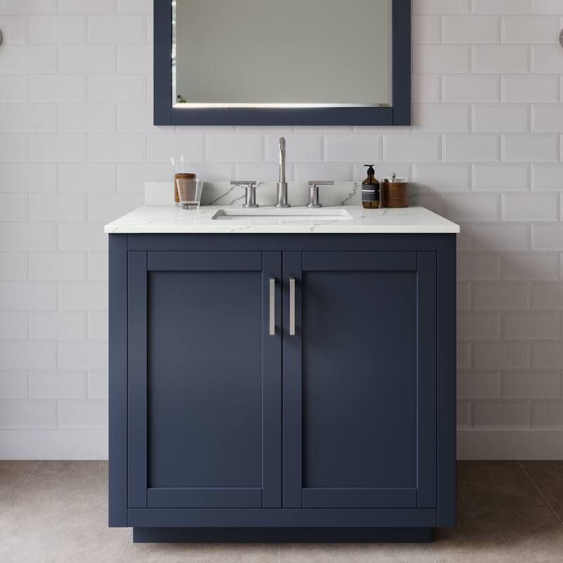 Wyndham Collection WCF292936S-QTZ-US3MXX Miranda 36" Free Standing - Dark Blue / Giotto Quartz Top / Brushed Nickel