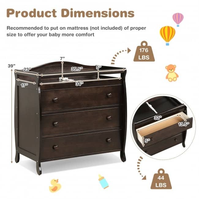 Baby Changing Table Infant Diaper with 3 Drawers and Safety Belt-Brown - 35.5" x 23" x 39" (L x W x H)