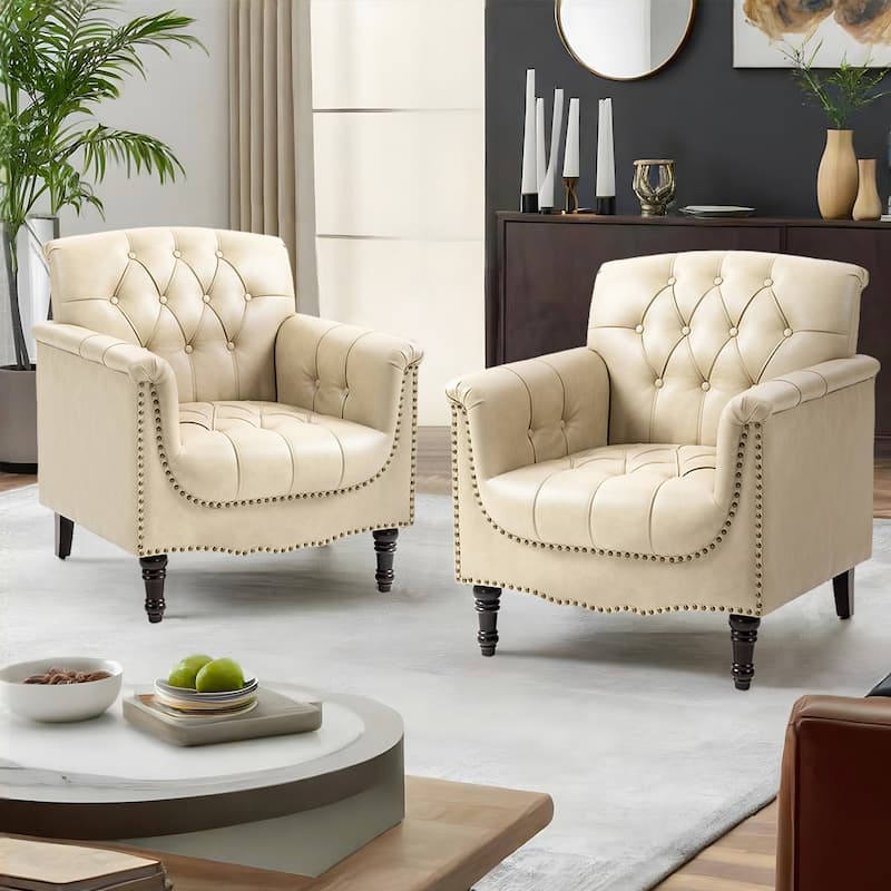 Set of 2 Tufted Vegan Leather Armchairs with Nailhead Trim and Wood Frame