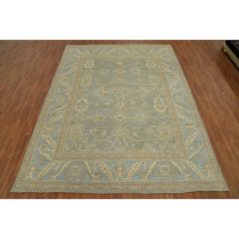 Handmade Gray Oushak Vegetable Dye Area Rug, Floral Geometric Carpet - 12' 1'' X 9' 1''