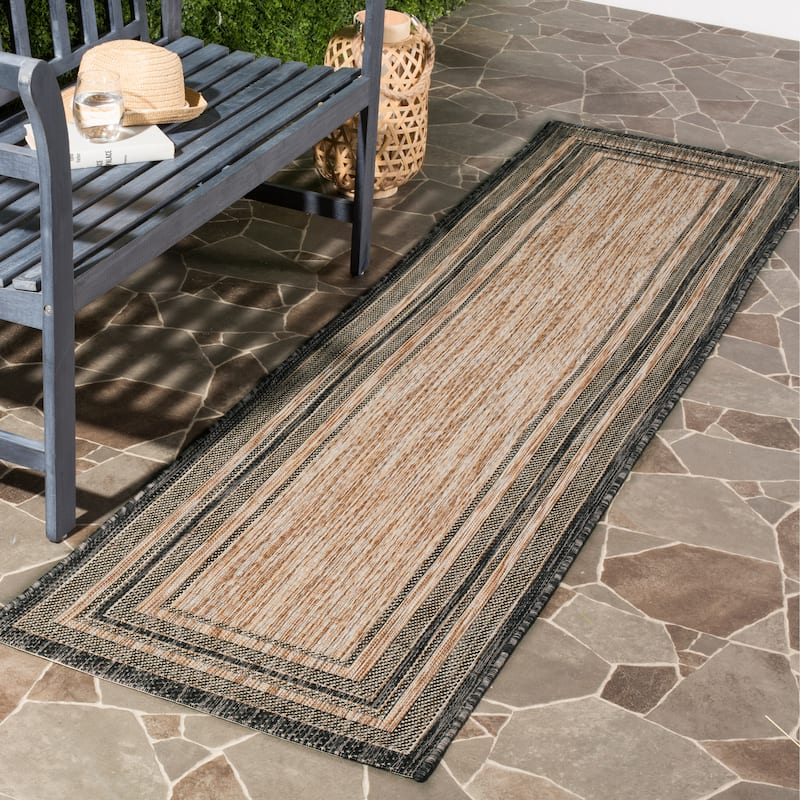 SAFAVIEH Courtyard Vickie Indoor/ Outdoor Waterproof Patio Backyard Rug - 2'3" x 12' Runner - Natural/Black
