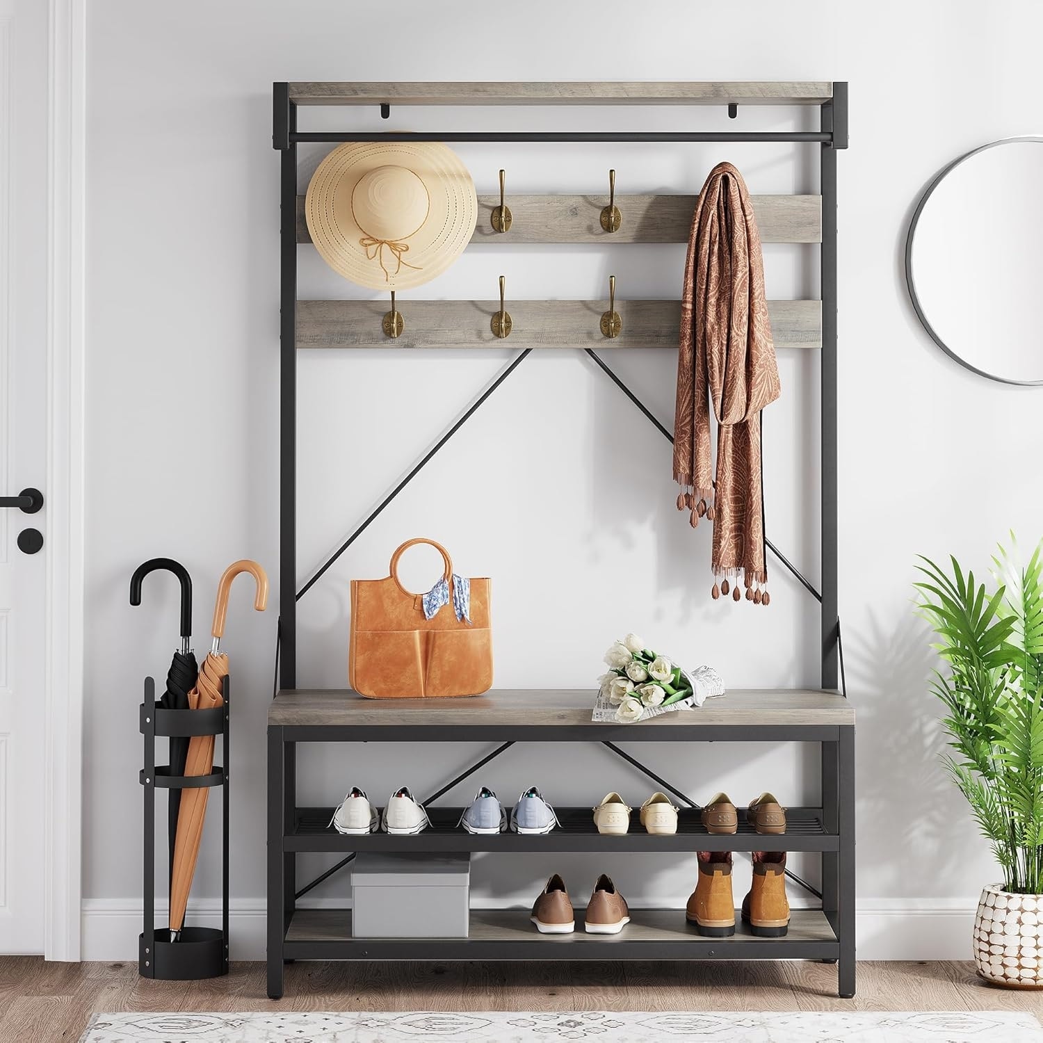 72 Inch Coat Rack Shoe Bench with Storage Shelf, Industrial Hall Tree Entryway Organizer with 8 Double Hooks