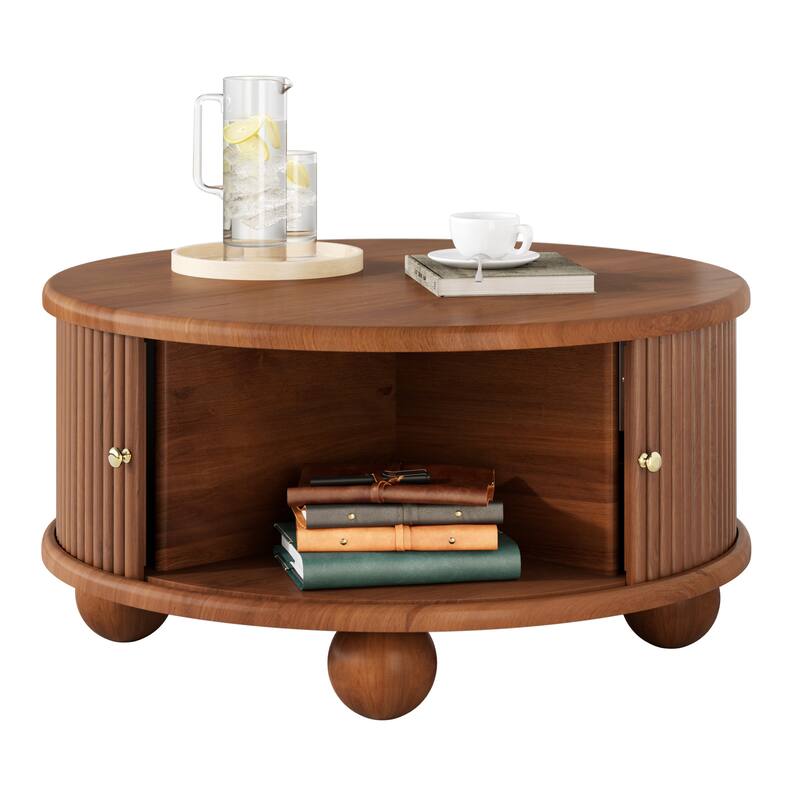 Round Coffee Table with Storage, 31.8" Modern Coffee Table with Sliding Door & Solid Wood Legs, Minimalist Center Table