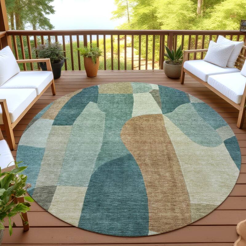 Machine Washable Indoor/ Outdoor Contemporary Layers Chantille Rug - Teal - 8' x 8'