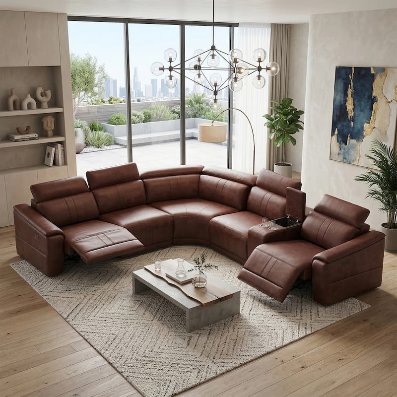 Power Recliner 6-Piece Sectional Sofa with Storage Console - Dark Brown