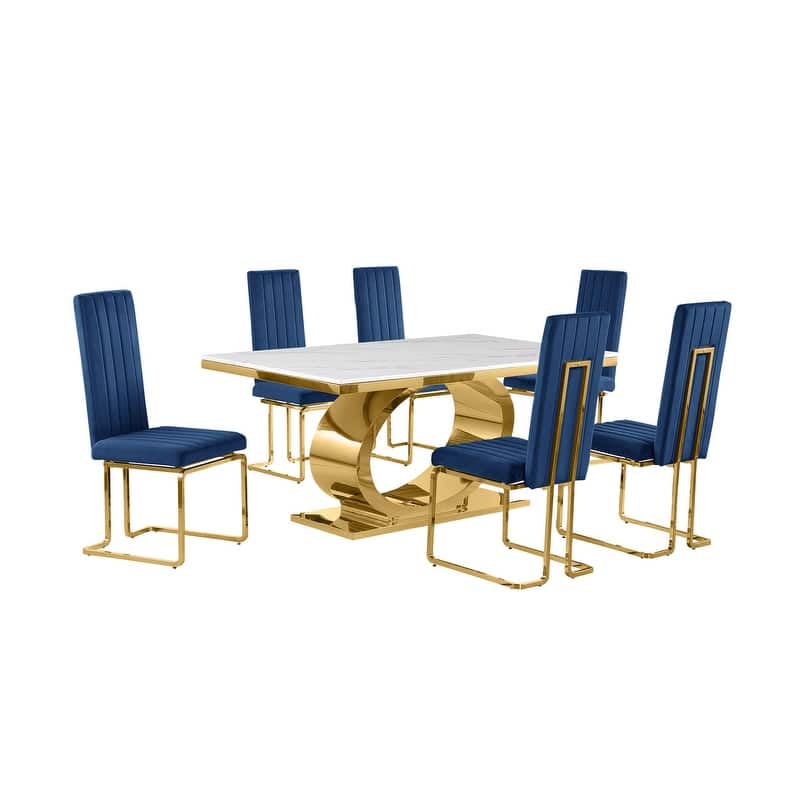 Best Quality Furniture D430/1-SC340-7 Dining Set with 68" White Marble Top