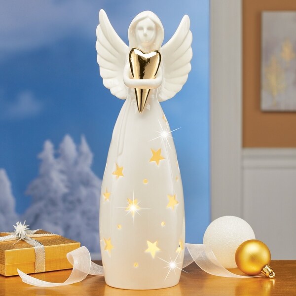 White Porcelain Star Angel Figurine with LED Lights - 4 x 11.38 x
