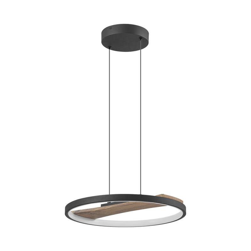 1-Light Modern Black Round Wheel Wood Integrated LED Pendant Light for Dining Room - 15.7 in. W x 81.1 in. H