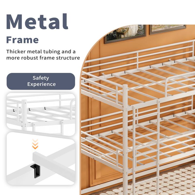 Twin Over Twin Over Twin Metal Triple Bunk Bed with Safety Rails, Non-Slip Ladder, Space Saving Design