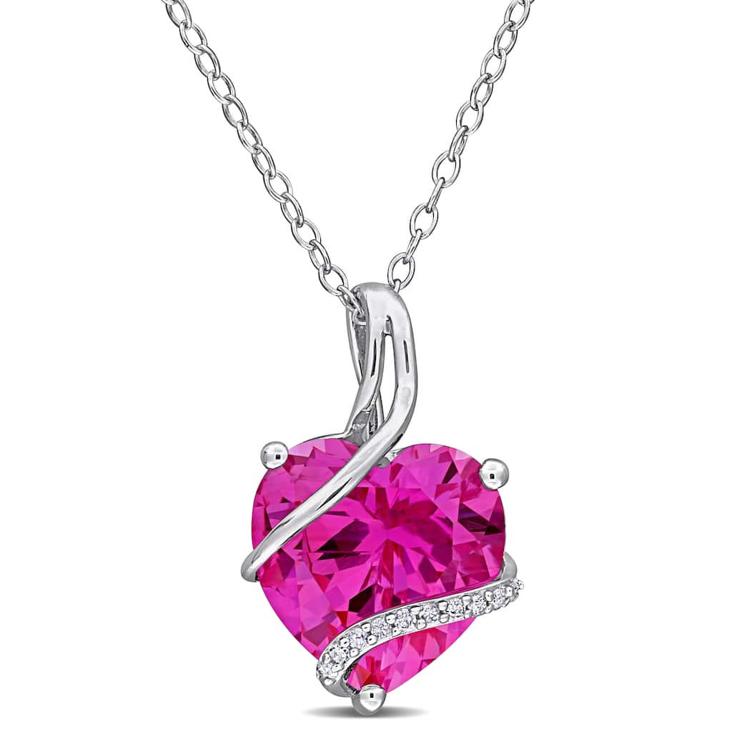 Miadora 7 1/4 CT TGW Created Pink Sapphire and Diamond Accent Heart Necklace in Sterling Silver