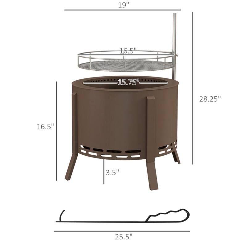 Smokeless Wood Burning Fire Pit with BBQ Grill Bronze Steel Outdoor Fire Pit with Poker 19 Inch - 19" Diameter x 16.5" Height