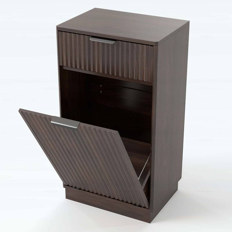 Tilt-Out Trash Can Cabinet with Wave-Textured Hideaway Drawer and Pull-Out Bin,for Living Room