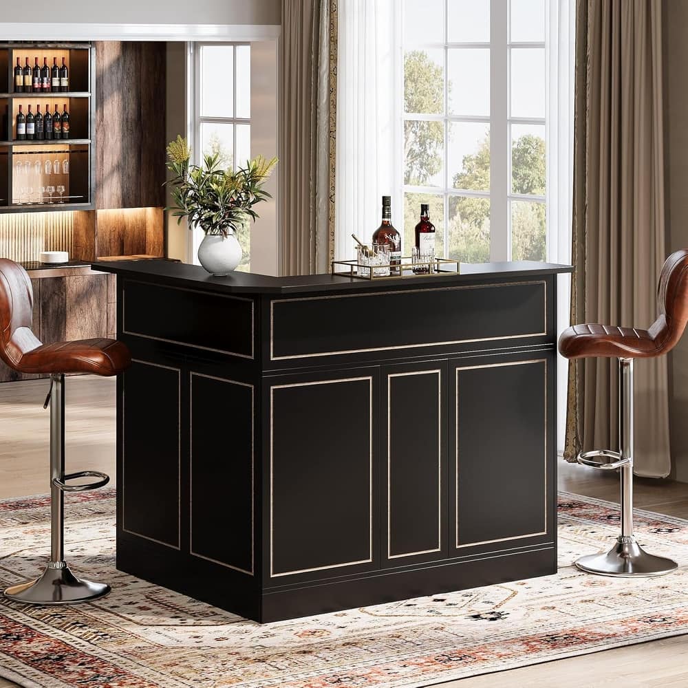 L-Shaped Home Bar Table with Stemware Racks for Home Pub