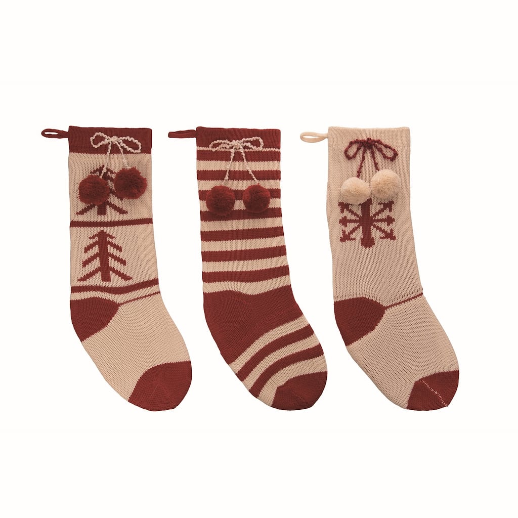 Transpac Fabric Red & White Knit Stocking Set of 3 Christmas Home Decorations