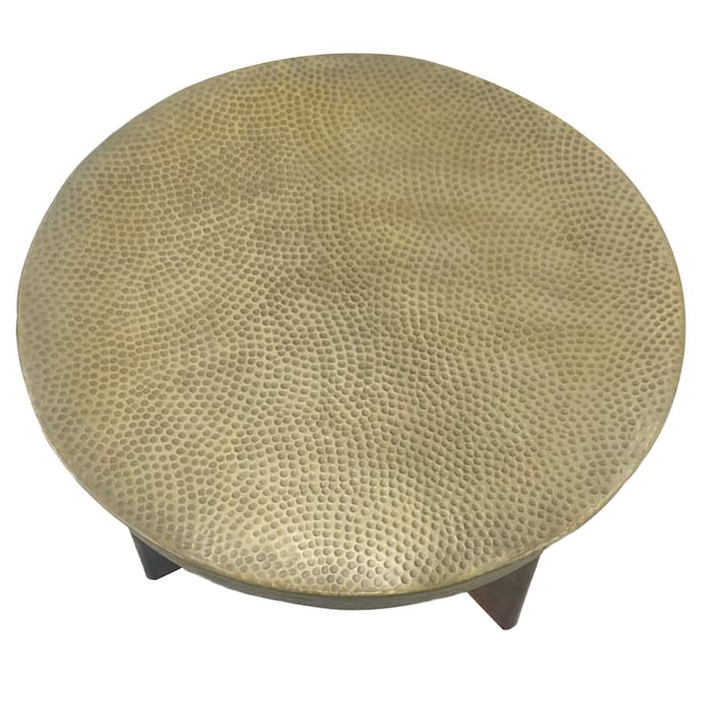 Arden Coffee Table, Round Hammered Metal Top, Mango Wood Base, Antique Brass